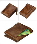 Cartera corta de piel de vaca con cremallera y RFID para hombre