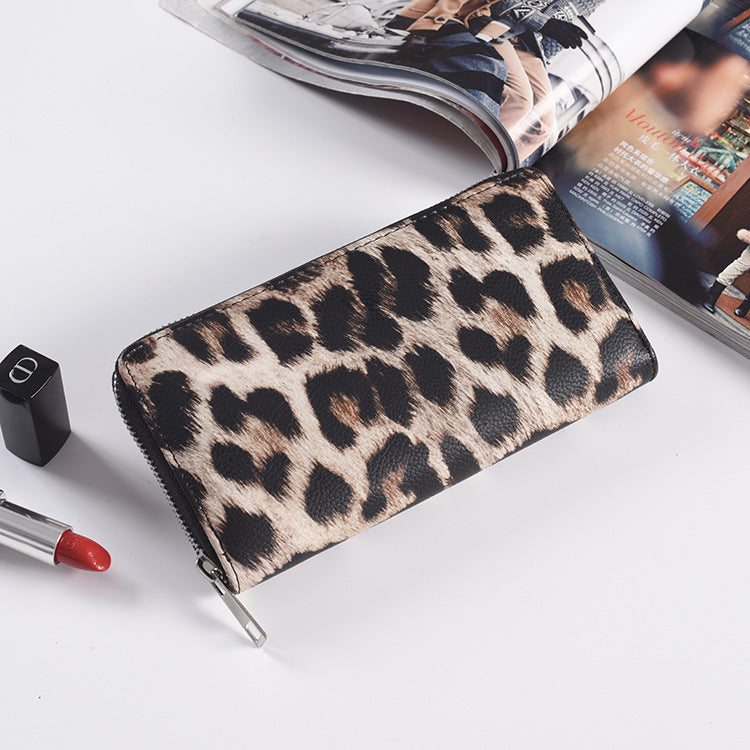 Cartera larga de mujer con cremallera, estampado animal